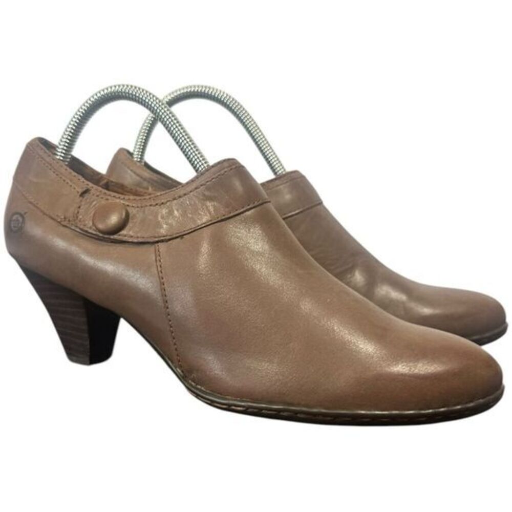 Born Calixta Button Brown Leather Low Bootie Heel Women's US‎ 9/40.5 Zip Button